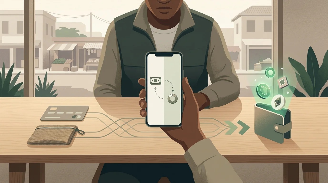 Editorial illustration of a Nigerian mobile user comparing crypto casino payment options